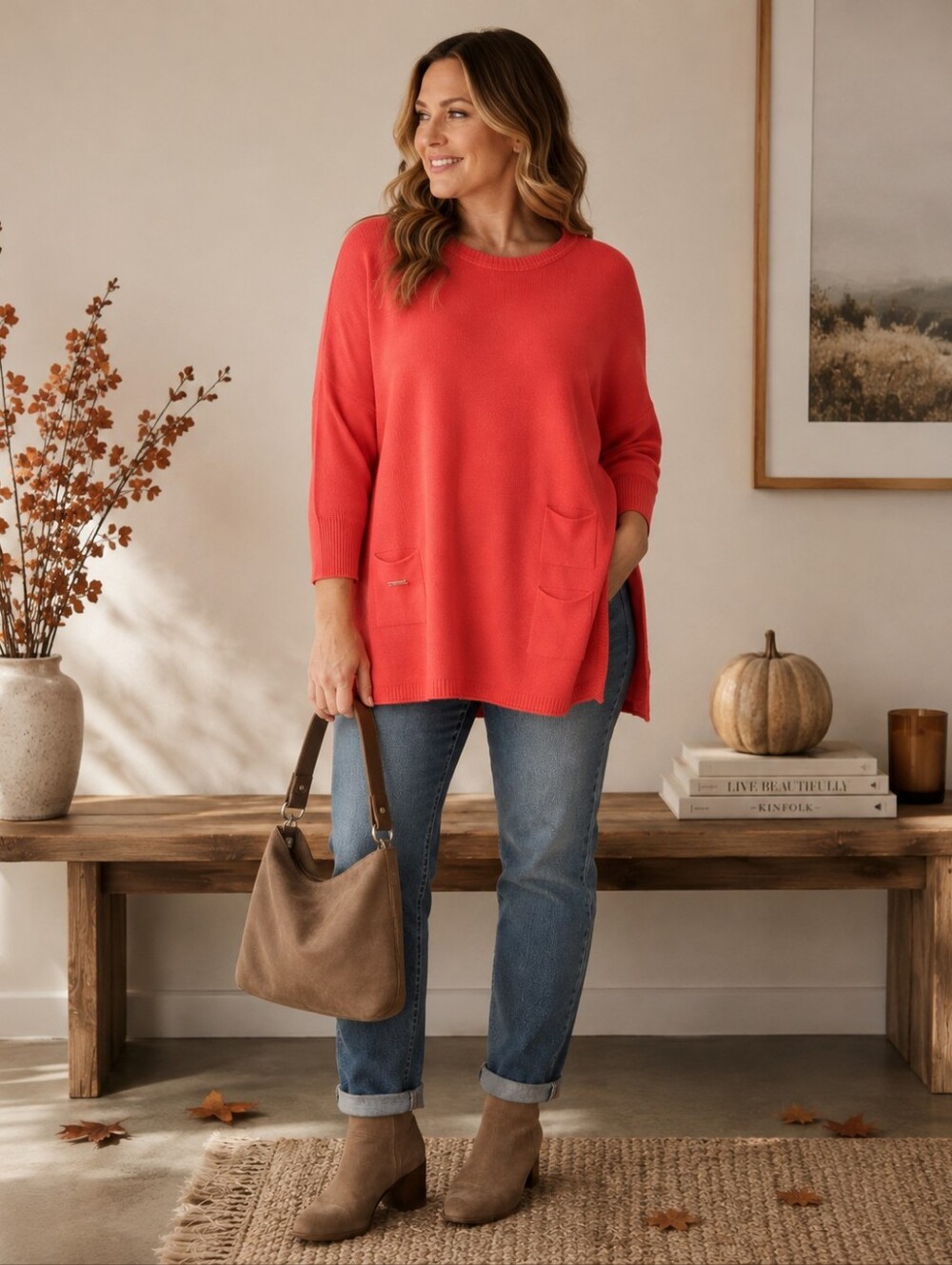 MERSEA Catalina Travel Sweater Coral Oversized Split Side 3 Pocket OS